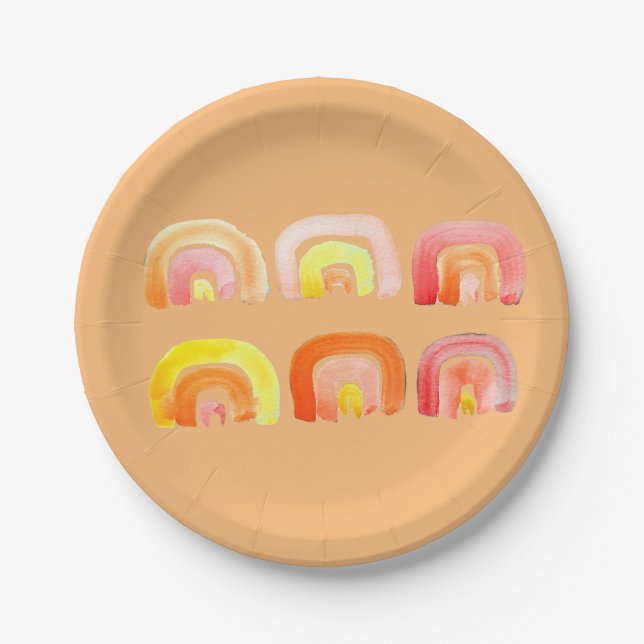 Orange rainbow cute retro art paper plate (Front)