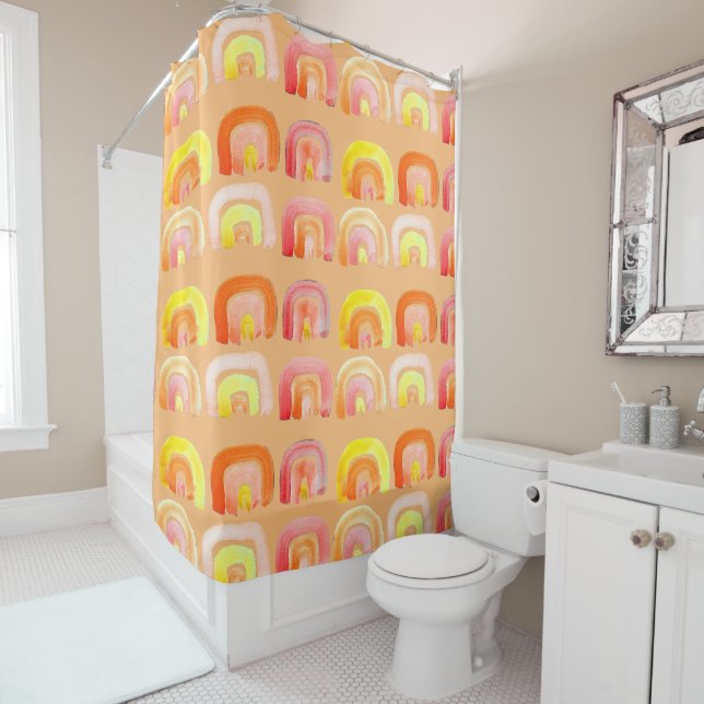 Orange rainbow cute retro art shower curtain (In Situ)