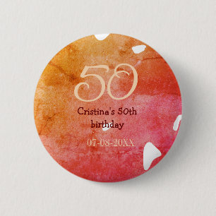Orange red 50 birthday anniversary add name date p 6 cm round badge