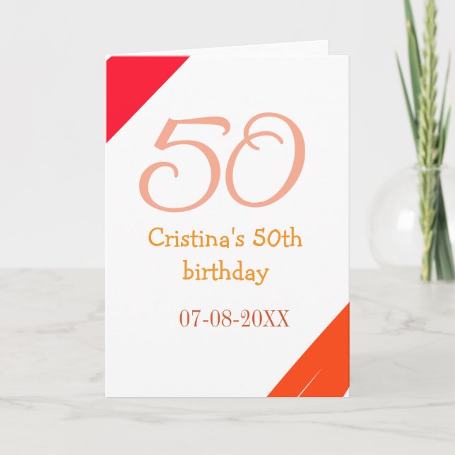 Orange red 50 birthday anniversary add name date p card (Front)