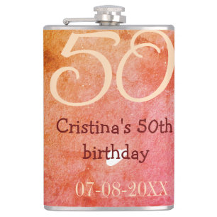 Orange red 50 birthday anniversary add name date p hip flask