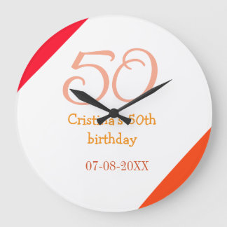 Orange red 50 birthday anniversary add name date p large clock
