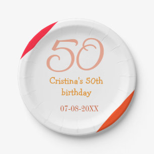 Orange red 50 birthday anniversary add name date p paper plate