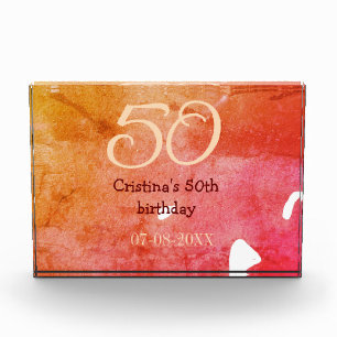 Orange red 50 birthday anniversary add name date p photo block