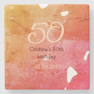 Orange red 50 birthday anniversary add name date p stone coaster