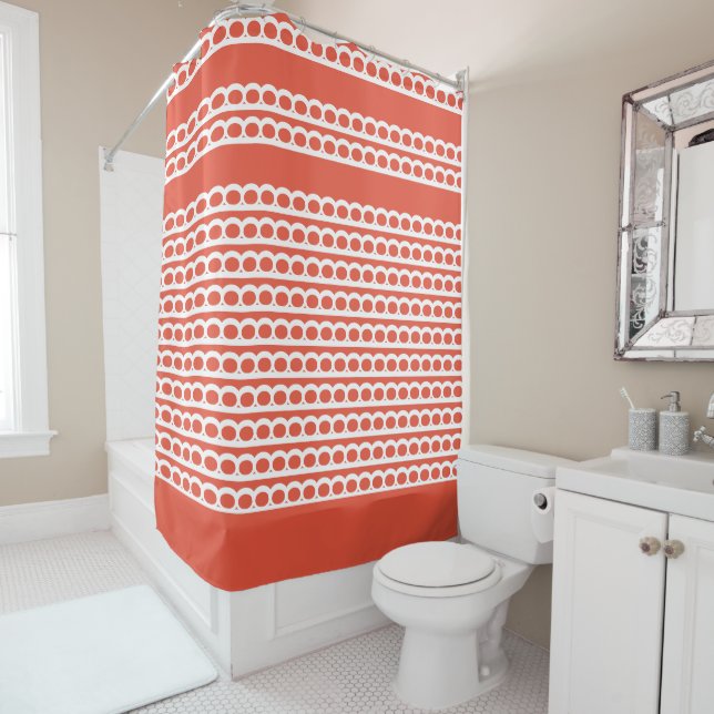 Orange Red and white Modern bubble Waves Shower Curtain (In Situ)