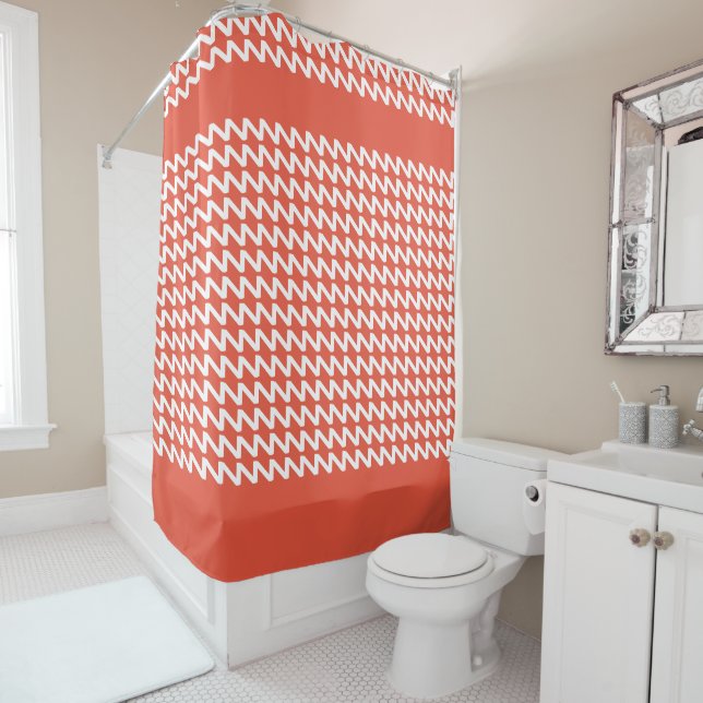 Orange Red and white Modern Sharp Waves Shower Curtain (In Situ)