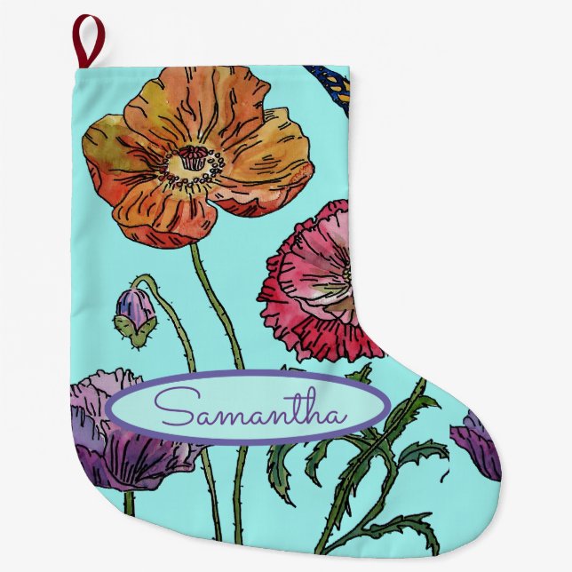 Orange Red Aquamarine Poppy Poppies Floral Flower Large Christmas Stocking (Front)