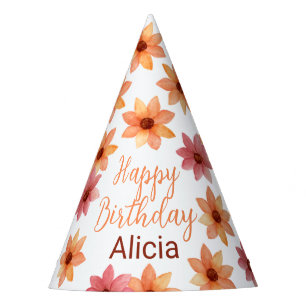 Orange Red Autumn Flower White Birthday Party Hat