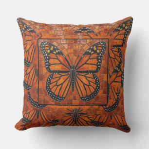 Orange Red Black Monarch Butterfly Mosaic Cushion