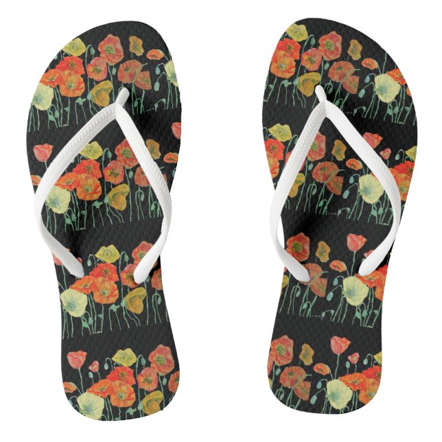  Orange Red Black Poppies Floral Flowers Ladies Jandals (Footbed)