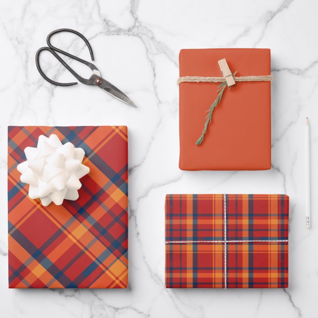 Orange, Red & Blue Plaid Wrapping Paper Sheet (Front)