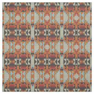Orange Red Brown Blue Native Tribal Mosaic Pattern Fabric
