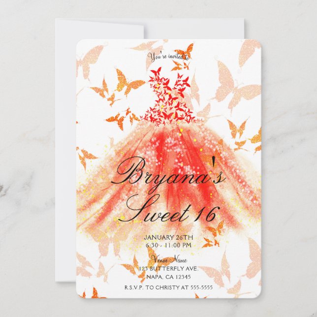 Orange Red Butterfly Dance Dress Sweet 16 Party   Invitation (Front)