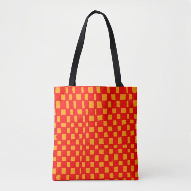 Orange Red Chequered Bold and Colourful Patterned Tote Bag (Front)