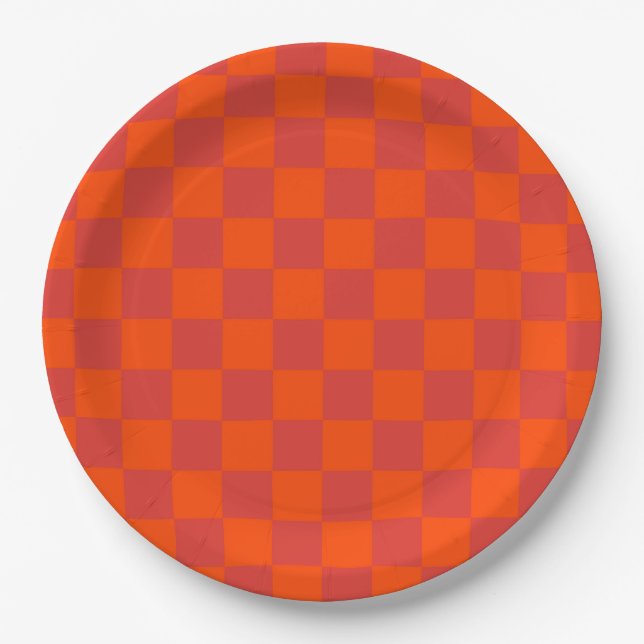 Orange Red Chequered Classic Retro Check Pattern  Paper Plate (Front)