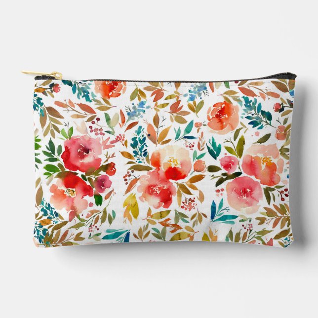 Orange red colourful rose floral summer  accessory pouch (Front)