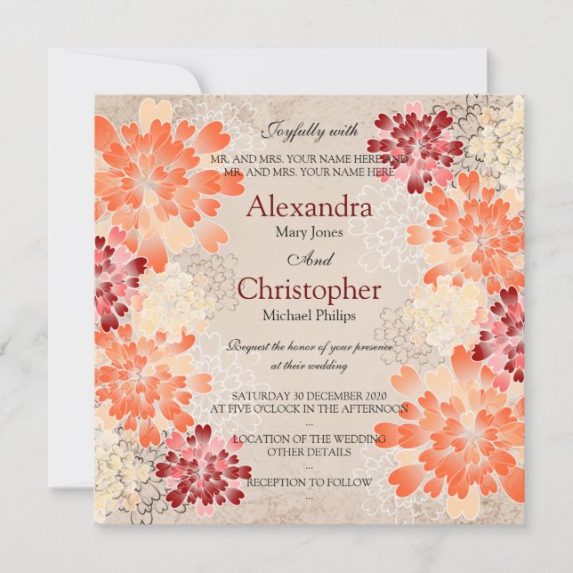 Orange Red & Cream Flowers Retro Wedding Invitation (Front)