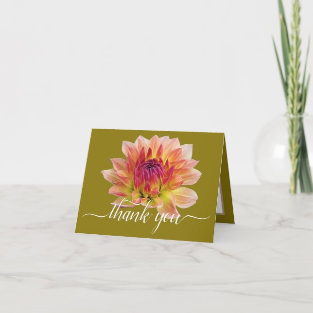 Orange Red Dahlia Flower Green Backdrop Thank You Card (Front)