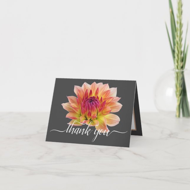 Orange Red Dahlia Flower Grey Backdrop Thank You Card (Front)