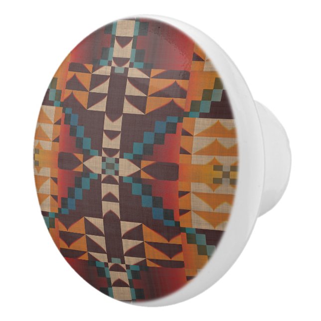 Orange Red Dark Brown Teal Blue Ethnic Tribe Art Ceramic Knob (Right)