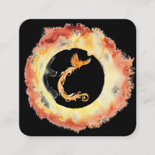 *~* Orange Red Flame Phoenix Ring of Fire Black Square Business Card