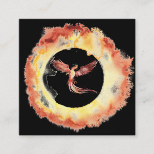 *~* Orange Red Flame Phoenix Ring of Fire Black Square Business Card