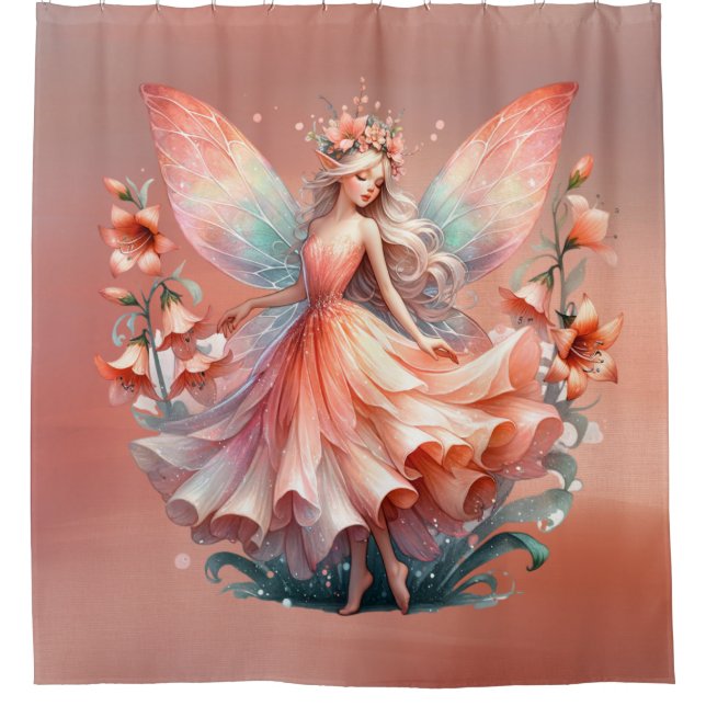 Orange Red Floral Fairy Princess Girls Shower Curtain (Front)