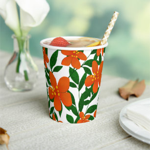 Orange Red Floral Green Botanicals Pattern Paper Cups