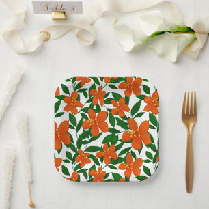 Orange Red Floral Green Botanicals Pattern Paper Plate