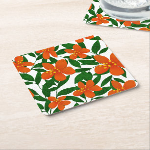 Orange Red Floral Green Botanicals Pattern Square Paper Coaster