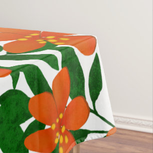 Orange Red Floral Green Botanicals Pattern Tablecloth