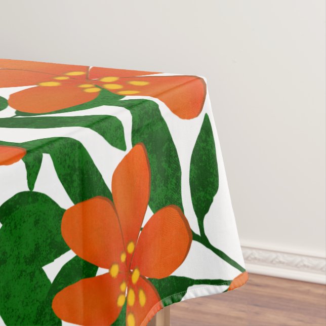 Orange Red Floral Green Botanicals Pattern Tablecloth (In Situ)