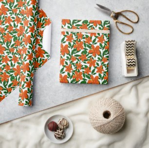 Orange Red Floral Green Botanicals Pattern Wrapping Paper