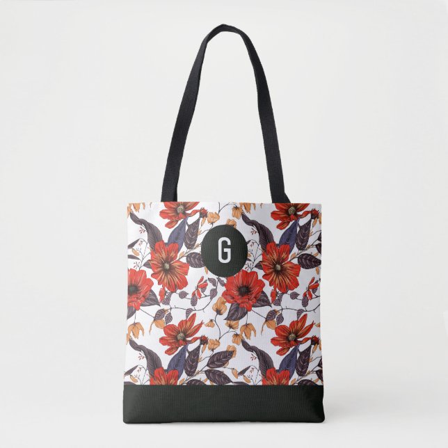 Orange-red flowers green leaves custom monogram tote bag (Front)
