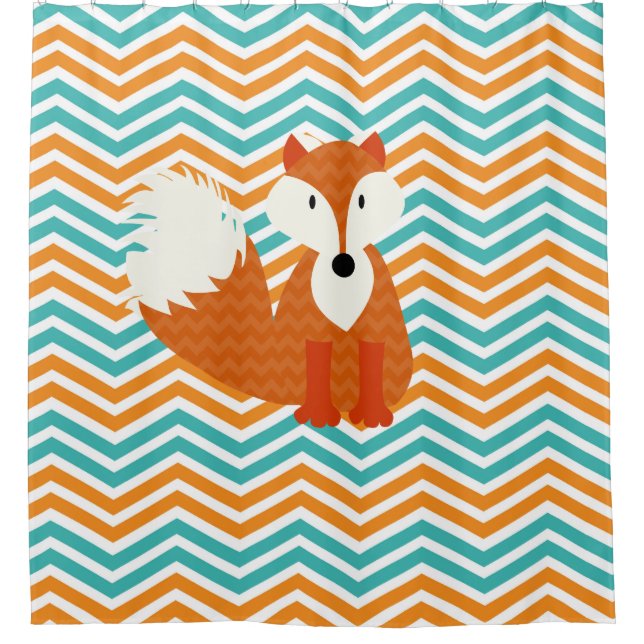 Orange Red Fox on Turquoise, Orange, White Chevron Shower Curtain (Front)