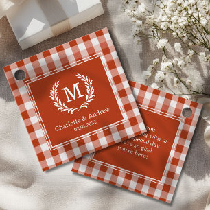 Orange-Red Gingham Monogram Crest Custom Favour Tags