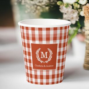 Orange-Red Gingham Monogram Crest Custom Paper Cups
