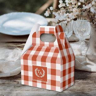 Orange-Red Gingham Monogram Crest Favour Box