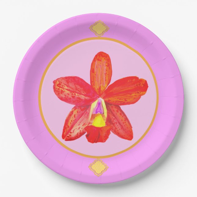 Orange Red Orchid Paper Plates (Front)