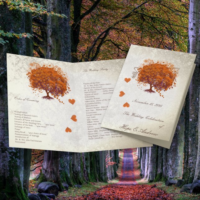 Orange Red Plum Heart Leaf Tree Wedding Program (Creator Uploaded)