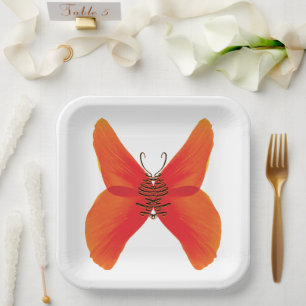 Orange Red Poppy Butterfly with Your Name Paper Plate
