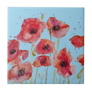 Orange Red Poppy Flower Pattern on Blue Tile