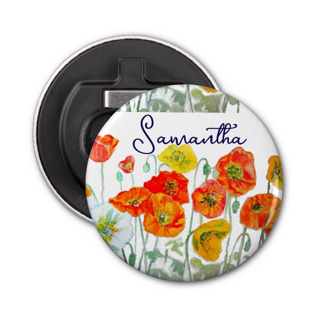 Orange Red Poppy Flower Pattern Thank You Bottle Opener (Front)