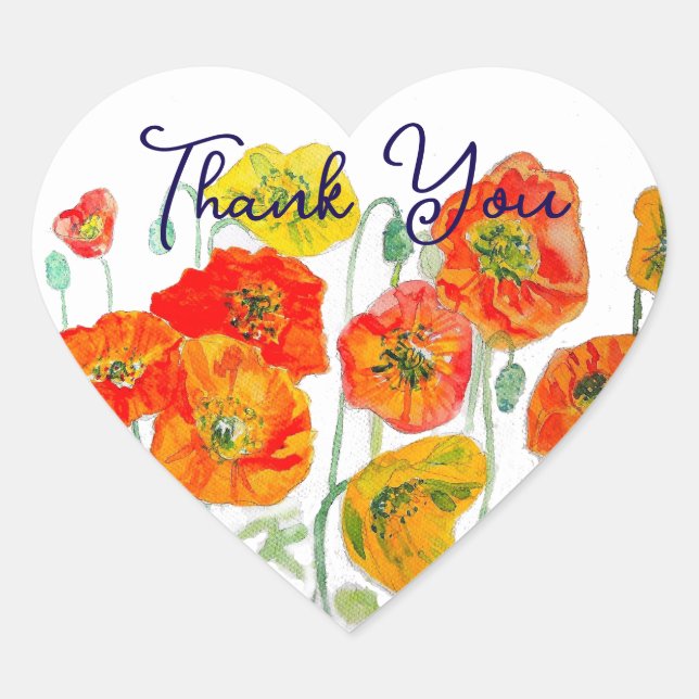 Orange Red Poppy Flower Pattern Thank You Heart Sticker (Front)