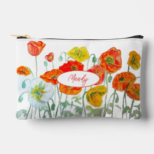 Orange Red Poppy Flower Pattern Watercolor Girls Accessory Pouch