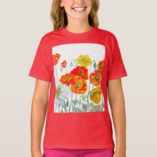 Orange Red Poppy Flower Pattern Watercolor T-Shirt (Front)