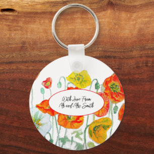 Orange Red Poppy Flower Pattern Watercolor Wedding Key Ring