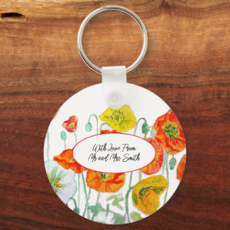 Orange Red Poppy Flower Pattern Watercolor Wedding Key Ring