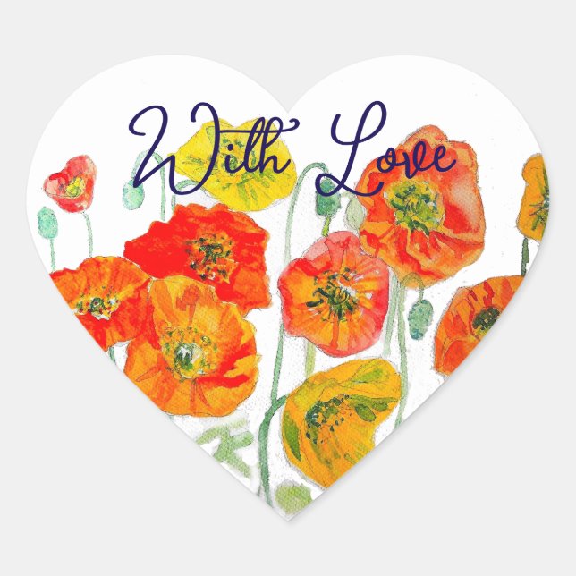 Orange Red Poppy Flower Pattern With Love Heart Sticker (Front)